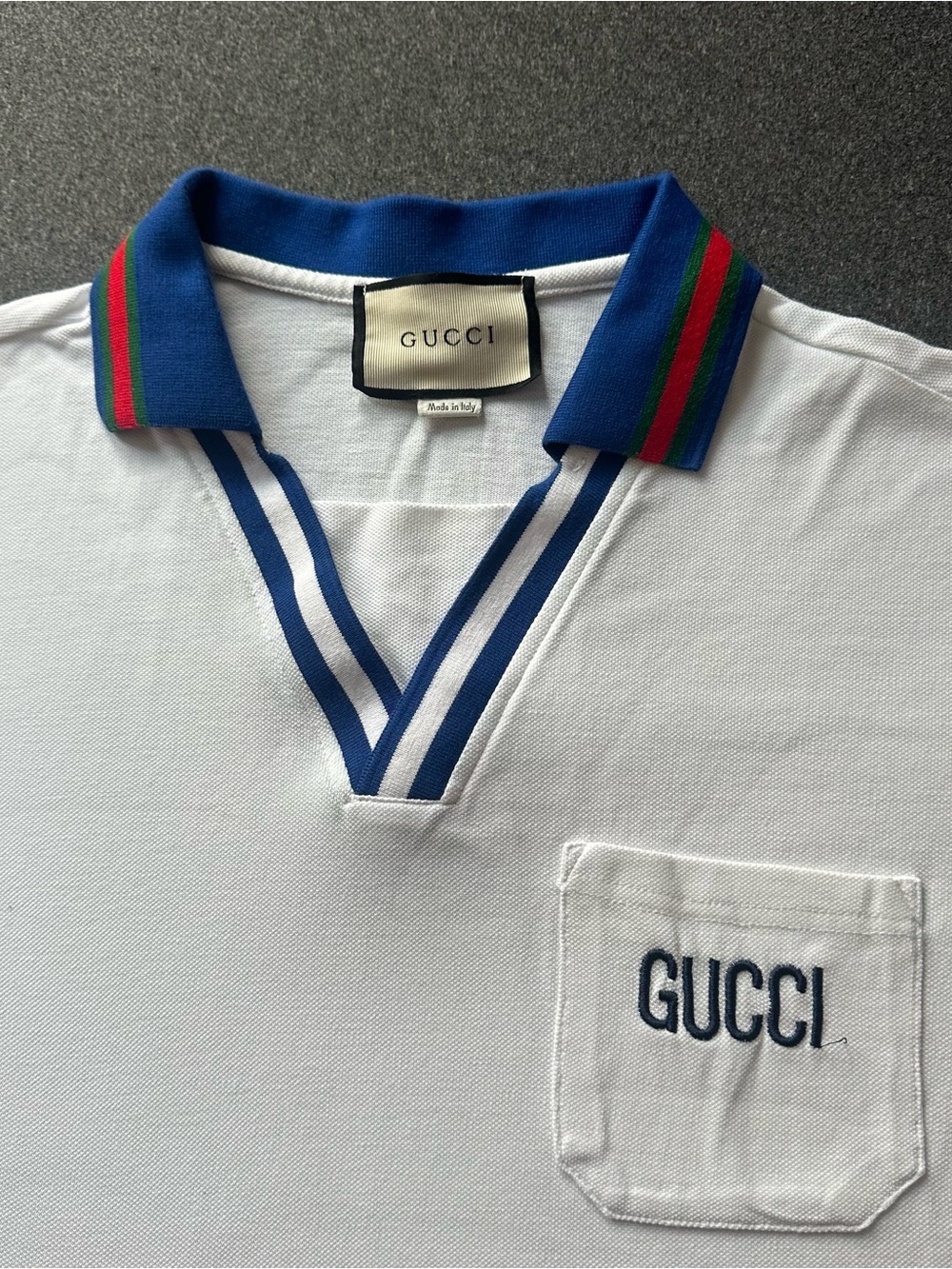 Gucci White Polo with Blue Trim and Green-Red Stripe Collar